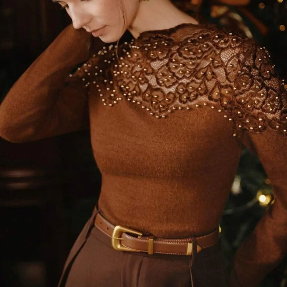 Elegant Brown Lace Top with Gold Accents